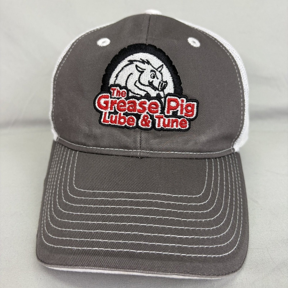 Outdoor Cap Trucker Hat Grease Pig Lube & Tune Mens OSFM Grey White Mesh Cap